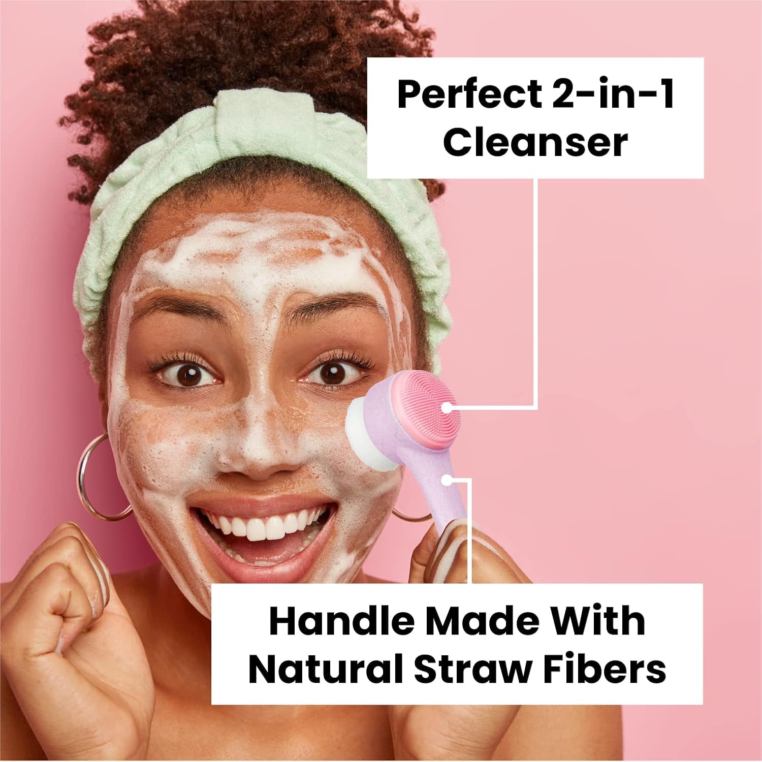 Eco Clean Face Brush, 2-In-1 Facial Cleanser, Dual-Sided Manual Exfoliating Brush, Handle Made of Natural Plant Fibers, for Deep Cleansing & Gentle Exfoliation