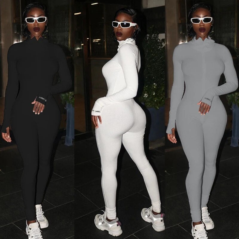 One Piece Women Jumpsuits Autumn Winter Lucky Label Embroidery Long Skinny Knitted Bodysuit Rompers and Jumpsuit Sportwear