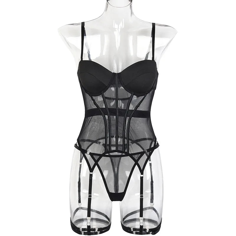 Midnight Temptation — Black Mesh Lingerie Set