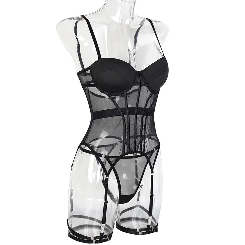 Midnight Temptation — Black Mesh Lingerie Set