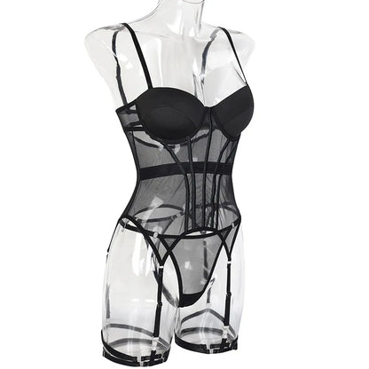 Midnight Temptation — Black Mesh Lingerie Set