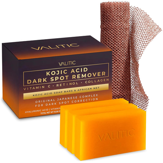 Kojic Acid Dark Spot Remover Soap with Turmeric, Vitamin C, Retinol - Original Japanese Complex with Hyaluronic Acid, Vitamin E, Shea Butter, Castile Olive Oil - 3 Pack and African Net Sponge